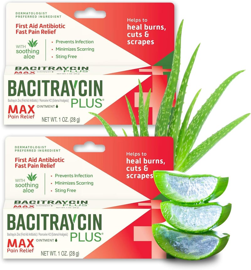 Bacitraycin Plus Max Strength First Aid Antibiotic Wound Healing + Pain and Itch Relief Ointment for Minor Cuts, Scrapes and Burns, with Bacitracin Zinc and Moisturizing Aloe Vera, 1 oz, 2 Pack - Image 1